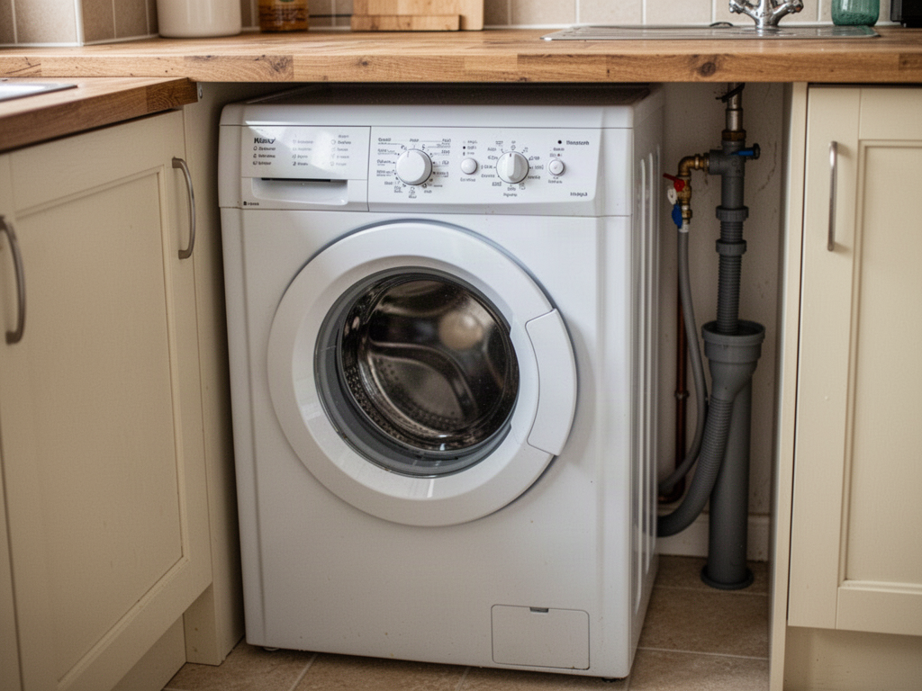 Washing machine plumbed in under a kitchen worktop with water supply and waste connected